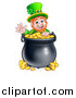 Vector Illustration of a Cartoon Friendly St Patricks Day Leprechaun Waving over a Pot of Gold by AtStockIllustration