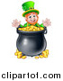 Vector Illustration of a Cartoon Friendly St Patricks Day Leprechaun with a Pot of Gold by AtStockIllustration