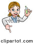 Vector Illustration of a Cartoon Friendly White Female Scientist Holding a Test Tube and Pointing down over a Sign by AtStockIllustration