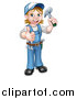 Vector Illustration of a Cartoon Full Length Happy White Female Carpenter Holding up a Hammer and Giving a Thumb up by AtStockIllustration