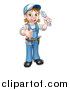 Vector Illustration of a Cartoon Full Length Happy White Female Plumber Holding an Adjustable Wrench and Giving a Thumb up by AtStockIllustration