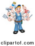 Vector Illustration of a Cartoon Full Length Happy White Handy Man with Six Arms, Holding Tools by AtStockIllustration