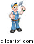 Vector Illustration of a Cartoon Full Length Happy White Male Carpenter Holding a Hammer and Giving a Thumb up by AtStockIllustration