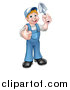 Vector Illustration of a Cartoon Full Length Happy White Male Gardener in Blue, Holding a Garden Trowel and Giving a Thumb up by AtStockIllustration