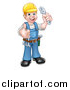 Vector Illustration of a Cartoon Full Length Happy White Male Plumber Wearing a Hardhat, Holding an Adjustable Wrench and Giving a Thumb up by AtStockIllustration