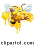Vector Illustration of a Cartoon Happy Bee Flying Against Dripping Honeycombs by AtStockIllustration