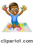 Vector Illustration of a Cartoon Happy Black Boy Kneeling and Painting Artwork with His Hands by AtStockIllustration