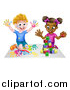 Vector Illustration of a Cartoon Happy Black Girl Playing with Toy Blocks and White Boy Finger Painting by AtStockIllustration
