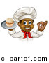 Vector Illustration of a Cartoon Happy Black Male Chef Baker Gesturing Ok and Holding a Cupcake on a Tray by AtStockIllustration