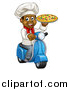 Vector Illustration of a Cartoon Happy Black Male Chef Holding a Pizza and Riding a Scooter by AtStockIllustration