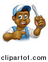 Vector Illustration of a Cartoon Happy Black Male Electrician Holding up a Screwdriver and Pointing by AtStockIllustration