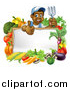 Vector Illustration of a Cartoon Happy Black Male Gardener Holding up a Garden Fork and Giving a Thumb up over a Blank White Sign with Produce by AtStockIllustration