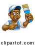 Vector Illustration of a Cartoon Happy Black Male Painter Holding up a Brush and Pointing by AtStockIllustration
