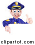 Vector Illustration of a Cartoon Happy Caucasian Male Police Officer Giving a Thumb up and Pointing down over a Sign by AtStockIllustration