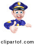 Vector Illustration of a Cartoon Happy Caucasian Male Police Officer Giving a Thumb up over a Sign by AtStockIllustration