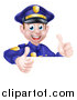 Vector Illustration of a Cartoon Happy Caucasian Male Police Officer Giving Twp Thumbs up over a Sign by AtStockIllustration