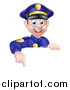 Vector Illustration of a Cartoon Happy Caucasian Male Police Officer Pointing down over a Sign by AtStockIllustration