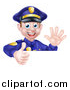 Vector Illustration of a Cartoon Happy Caucasian Male Police Officer Waving and Giving a Thumb up over a Sign by AtStockIllustration