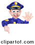 Vector Illustration of a Cartoon Happy Caucasian Male Police Officer Waving and Pointing down over a Sign by AtStockIllustration