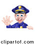 Vector Illustration of a Cartoon Happy Caucasian Male Police Officer Waving over a Sign by AtStockIllustration