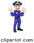 Vector Illustration of a Cartoon Happy Caucasian Male Police Officer Waving with Both Hands by AtStockIllustration