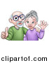 Vector Illustration of a Cartoon Happy Caucasian Senior Couple Waving and Giving a Thumb up by AtStockIllustration