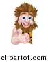 Vector Illustration of a Cartoon Happy Caveman Giving a Thumb up Around a Sign by AtStockIllustration