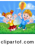 Vector Illustration of a Cartoon Happy Excited Blond Caucasian Boy and Girl Jumping Outdoors with a Balloon by AtStockIllustration