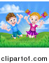 Vector Illustration of a Cartoon Happy Excited Caucasian Boy and Girl Jumping Outdoors by AtStockIllustration