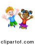 Vector Illustration of a Cartoon Happy Excited White Boy and Black Girl Jumping by AtStockIllustration