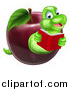 Vector Illustration of a Cartoon Happy Green Book Worm Reading and Emerging from a Red Apple by AtStockIllustration