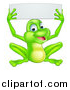 Vector Illustration of a Cartoon Happy Green Frog Holding up a Blank Sign by AtStockIllustration