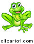 Vector Illustration of a Cartoon Happy Green Frog Mascot Sitting and Pointing by AtStockIllustration