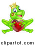 Vector Illustration of a Cartoon Happy Green Frog Prince with a Liptstick Kiss on His Cheek, Holding a Red Glass Love Heart by AtStockIllustration