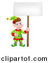 Vector Illustration of a Cartoon Happy Male Christmas Elf Giving a Thumb up and Holding a Blank Sign by AtStockIllustration
