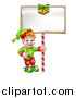 Vector Illustration of a Cartoon Happy Male Christmas Elf Giving a Thumb up and Holding a Blank Sign with Bells by AtStockIllustration