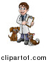 Vector Illustration of a Cartoon Happy May Veterinarian Holding a Chart and Standing with a Dog and Cat by AtStockIllustration