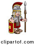 Vector Illustration of a Cartoon Happy Roman Soldier Giving a Thumb Up, Holding a Spear and Leaning on a Shield by AtStockIllustration