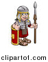 Vector Illustration of a Cartoon Happy Roman Soldier Holding a Spear, Leaning on a Shield and Giving a Thumb up by AtStockIllustration