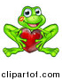 Vector Illustration of a Cartoon Happy Smiling Green Frog with a Liptstick Kiss on His Cheek, Holding a Red Heart by AtStockIllustration