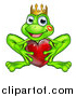 Vector Illustration of a Cartoon Happy Smiling Green Frog with a Liptstick Kiss on His Cheek, Holding a Red Heart by AtStockIllustration
