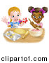 Vector Illustration of a Cartoon Happy White and Black Girls Making Pink Frosting and Star Shaped Cookies by AtStockIllustration