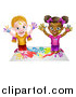 Vector Illustration of a Cartoon Happy White and Black Girls Sitting on the Floor and Painting with Their Hands by AtStockIllustration