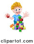 Vector Illustration of a Cartoon Happy White Boy Playing with Toy Blocks by AtStockIllustration