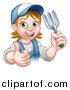 Vector Illustration of a Cartoon Happy White Female Gardener in Blue, Holding a Garden Fork and Giving a Thumb up over a Sign by AtStockIllustration