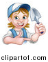 Vector Illustration of a Cartoon Happy White Female Gardener in Blue, Holding a Garden Trowel and Pointing by AtStockIllustration