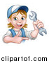 Vector Illustration of a Cartoon Happy White Female Mechanic Holding up a Wrench and Pointing by AtStockIllustration