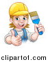 Vector Illustration of a Cartoon Happy White Female Painter Holding up a Brush and Giving a Thumb up by AtStockIllustration