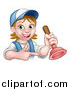 Vector Illustration of a Cartoon Happy White Female Plumber Holding a Plunger and Pointing by AtStockIllustration