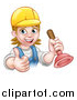 Vector Illustration of a Cartoon Happy White Female Plumber Wearing a Hard Hat, Giving a Thumb up and Holding a Plunger by AtStockIllustration